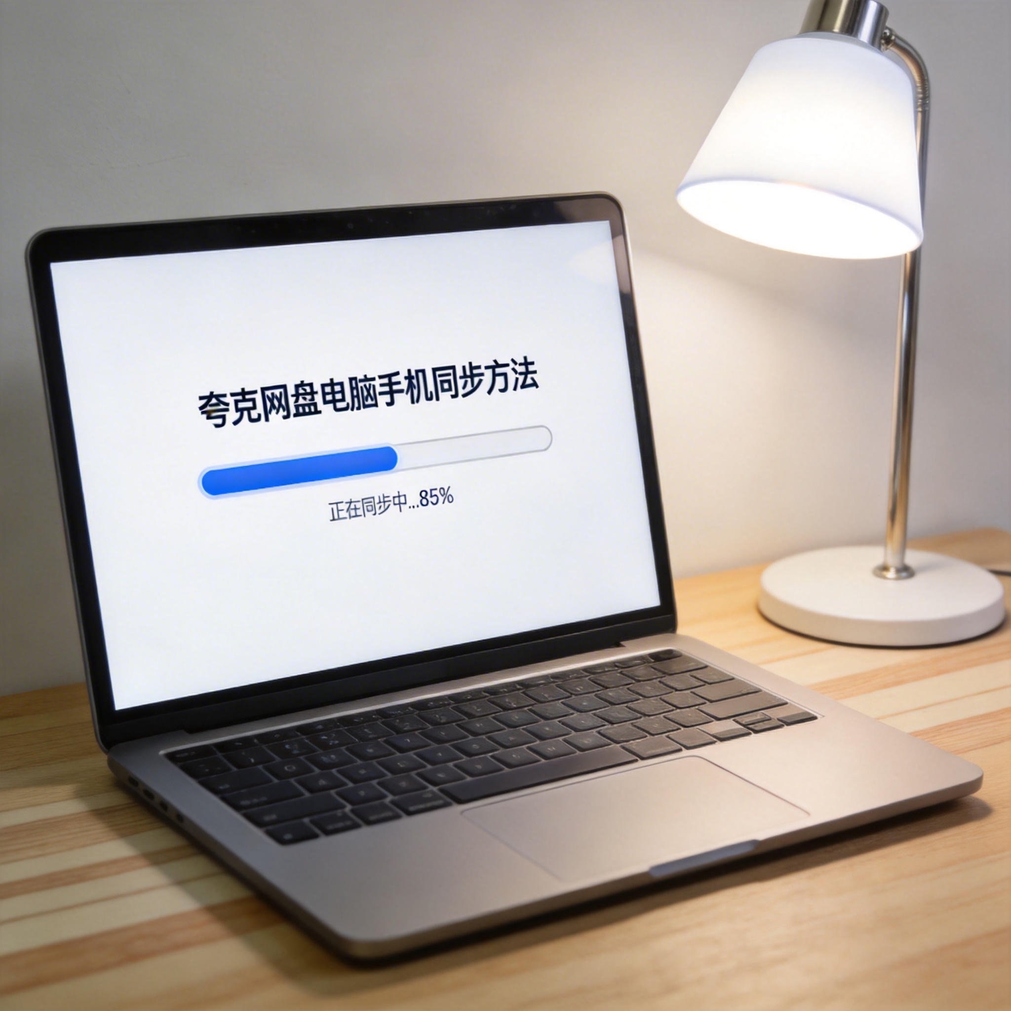 电脑桌上的电脑，屏幕显示夸克网盘电脑手机同步方法进度条，旁边放着台灯