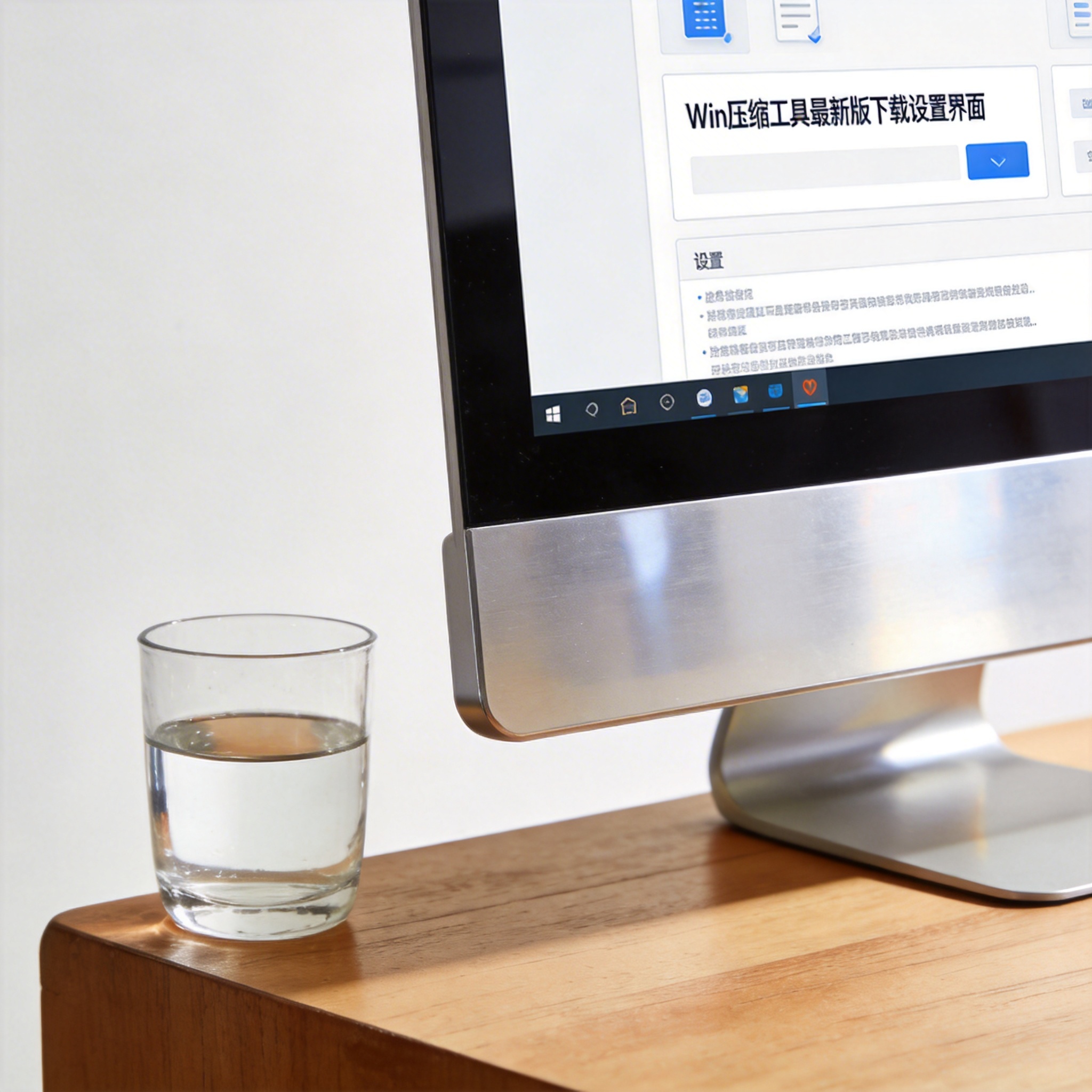书桌上的电脑，屏幕显示win 压缩工具最新版下载设置界面，桌角放着水杯，自然光
