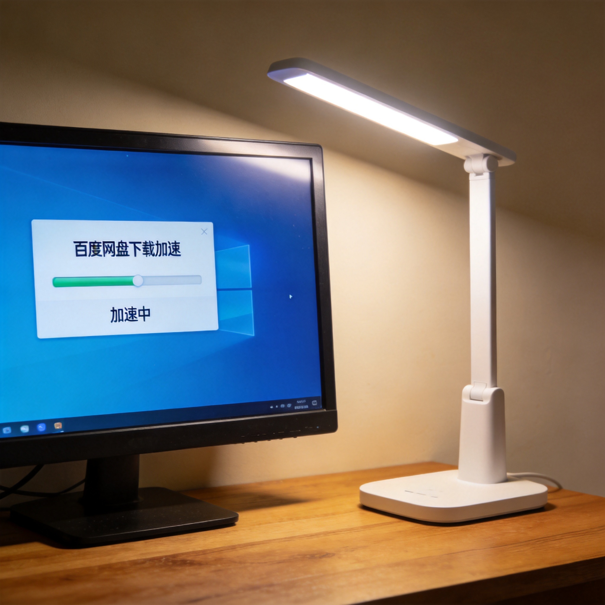 电脑桌上的电脑，屏幕显示百度网盘下载加速电脑界面，旁边放着台灯