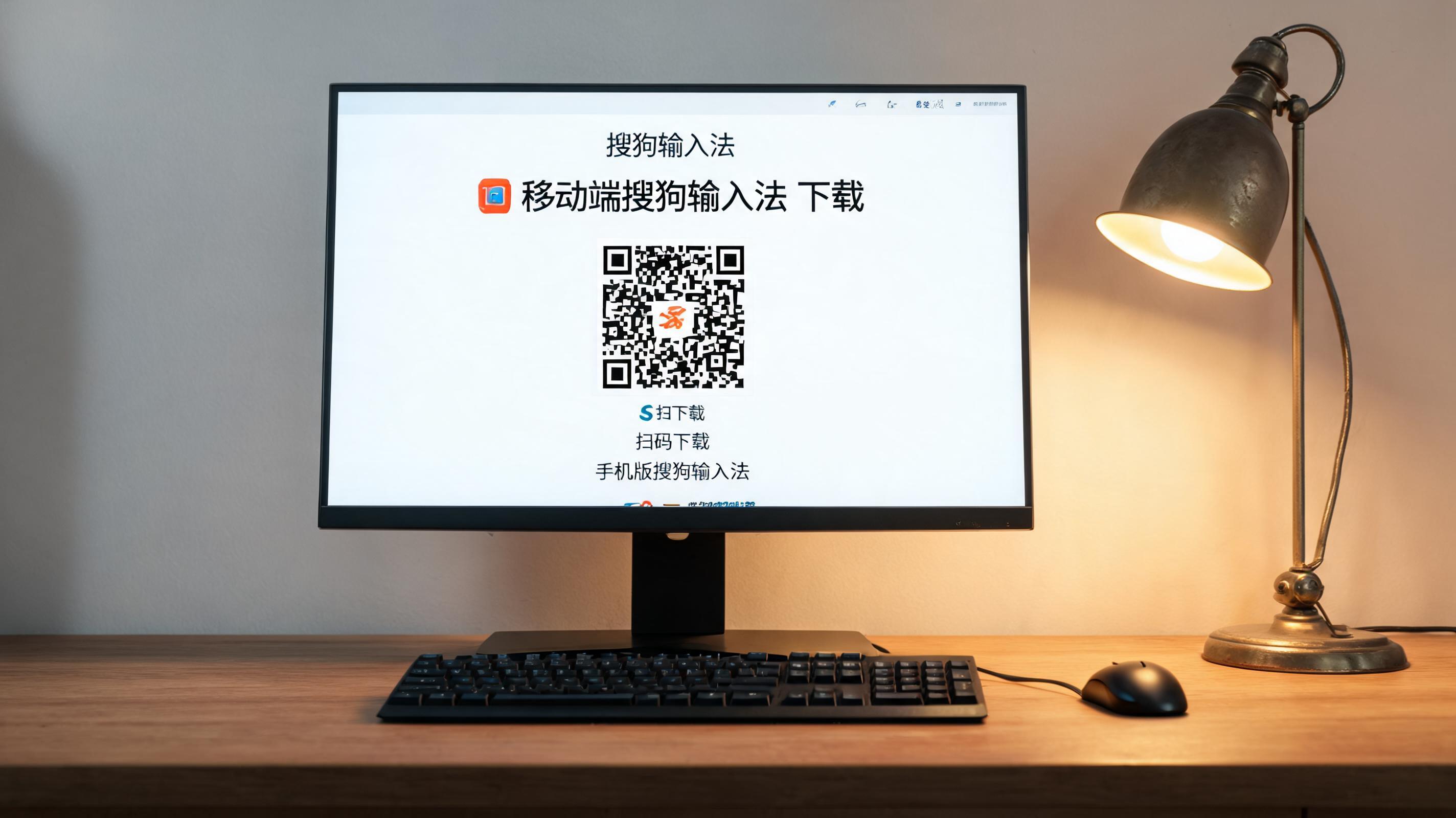电脑桌上的电脑，屏幕显示移动端搜狗输入法下载界面，旁边放着台灯