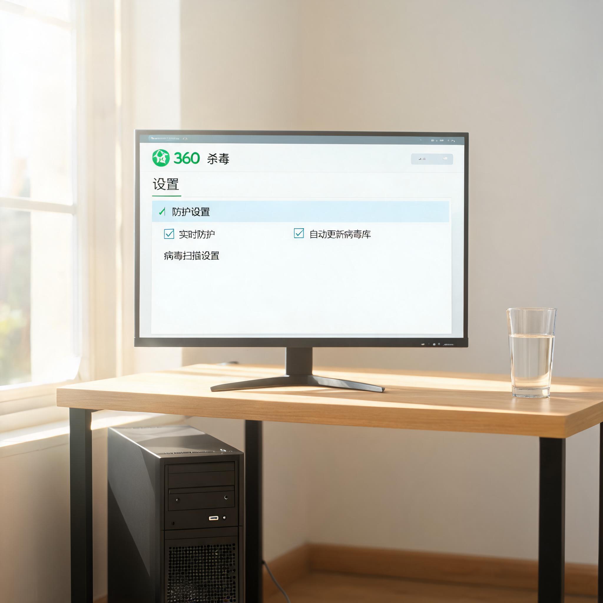 书桌上的主机，屏幕显示360 杀毒电脑客户端设置界面，桌角放着水杯，自然光