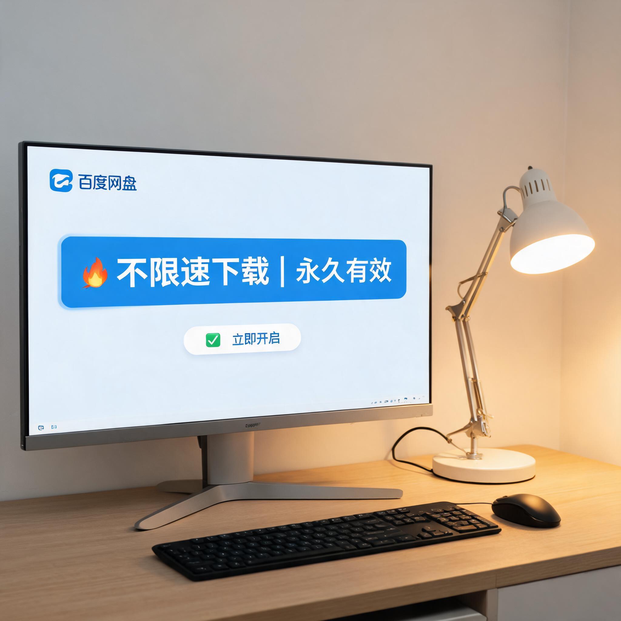 电脑桌上的电脑，屏幕显示百度网盘不限速下载永久有效界面，旁边放着台灯