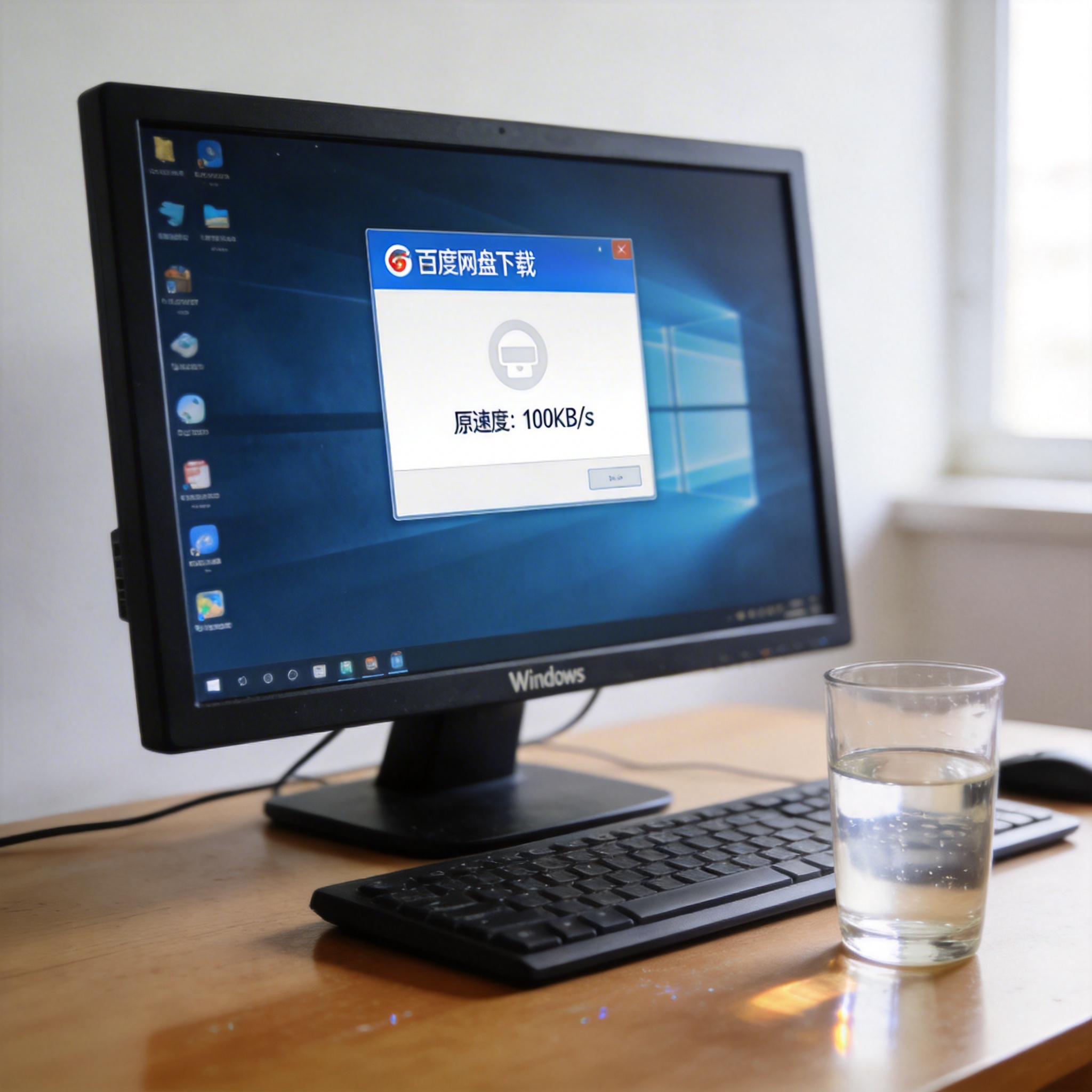 电脑桌的Windows系统电脑，屏幕显示百度网盘下载窗口，原速度100KB/s，旁边放着半杯凉白开，室内自然光