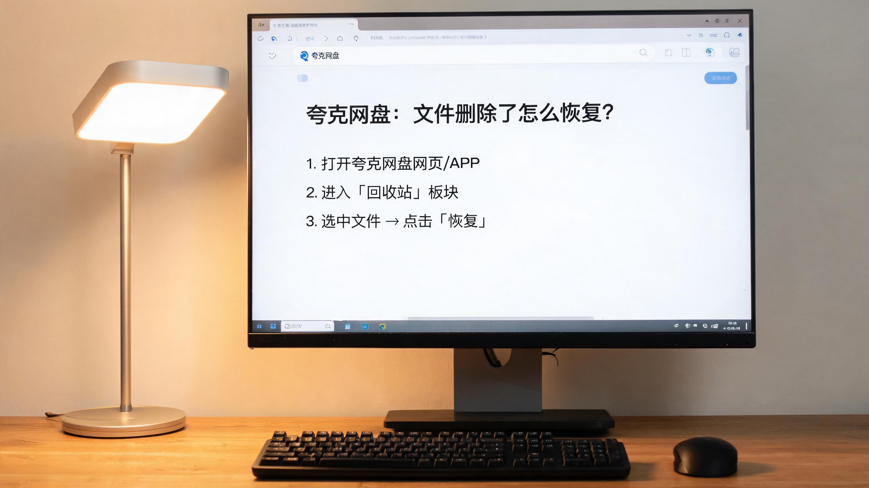 电脑桌上的电脑，屏幕显示夸克网盘文件删除了怎么恢复界面，旁边放着台灯