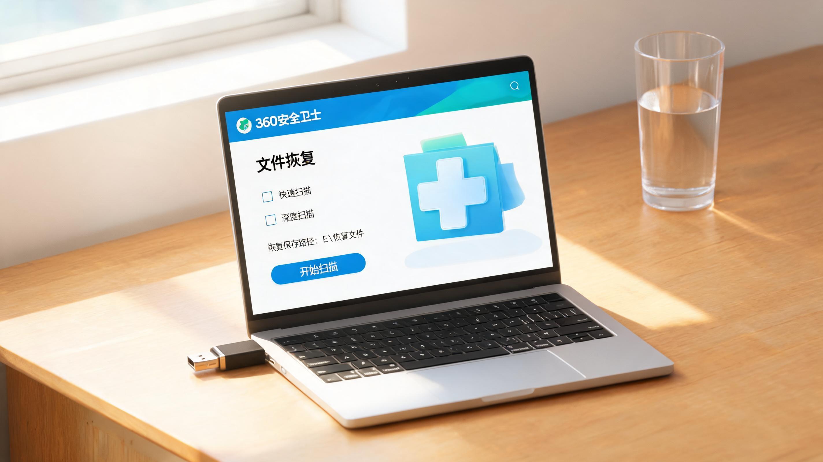 书桌上的U盘，屏幕显示360 安全卫士文件恢复功能设置界面，桌角放着水杯，自然光