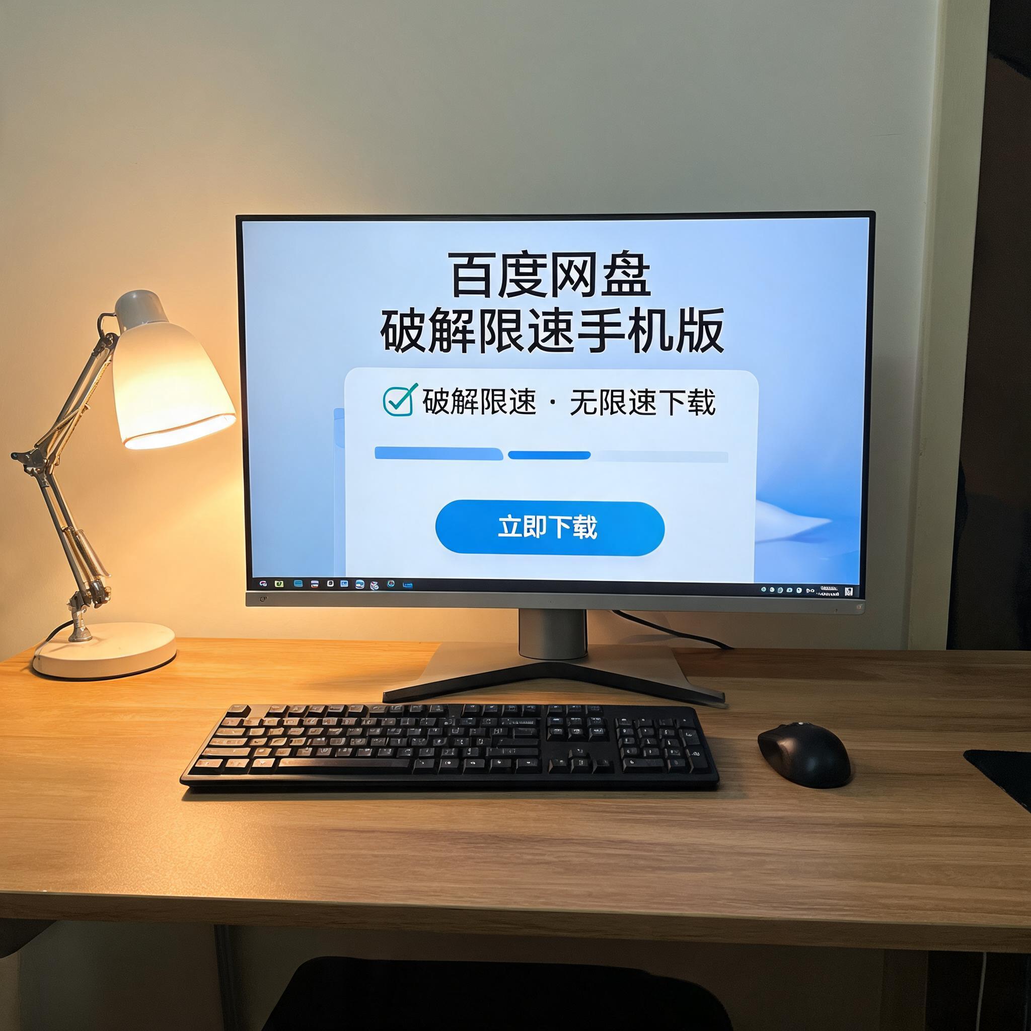 电脑桌上的电脑，屏幕显示百度网盘破解限速手机版界面，旁边放着台灯