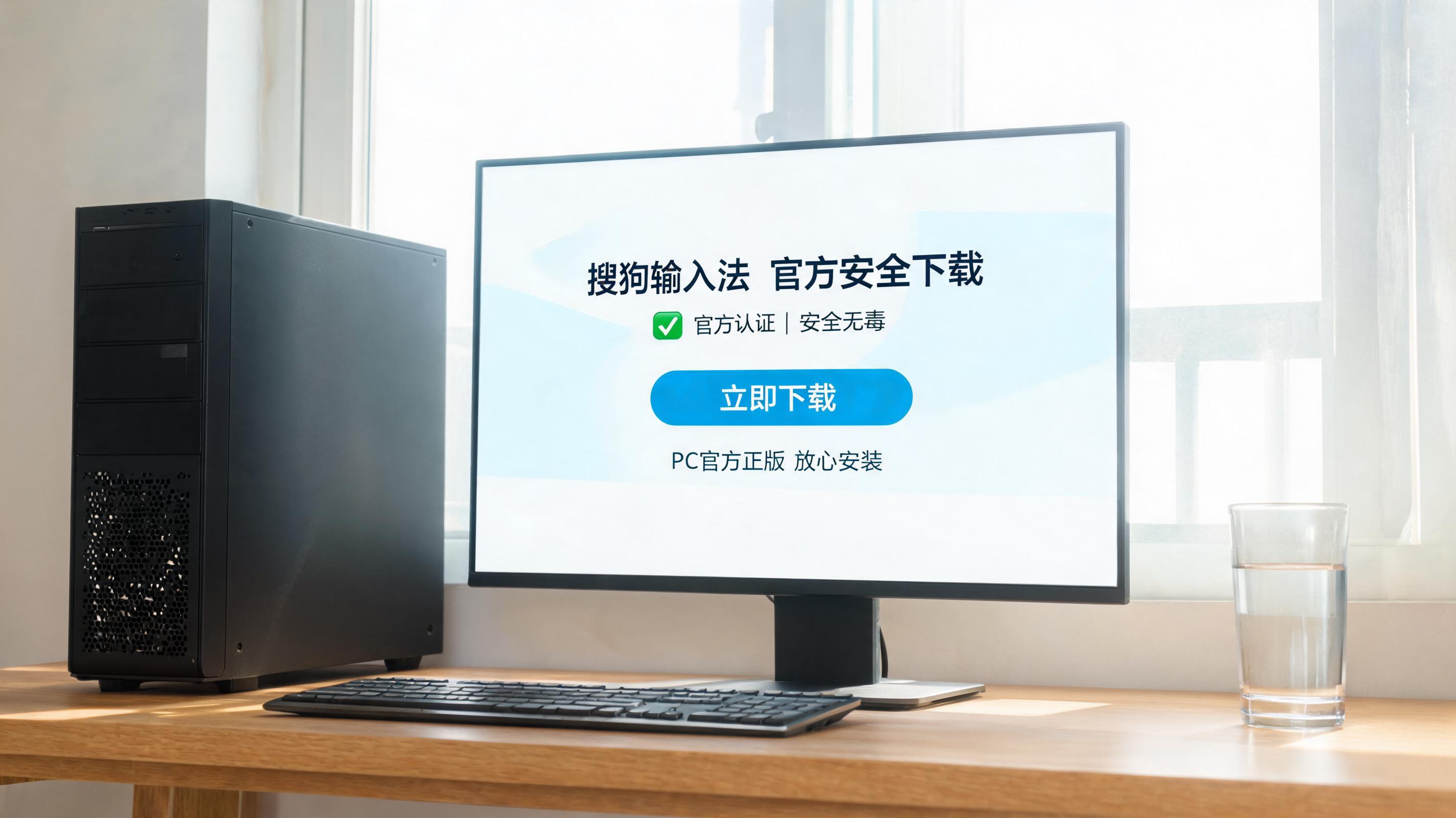 书桌上的主机，屏幕显示搜狗输入法安全官方下载设置界面，桌角放着水杯，自然光