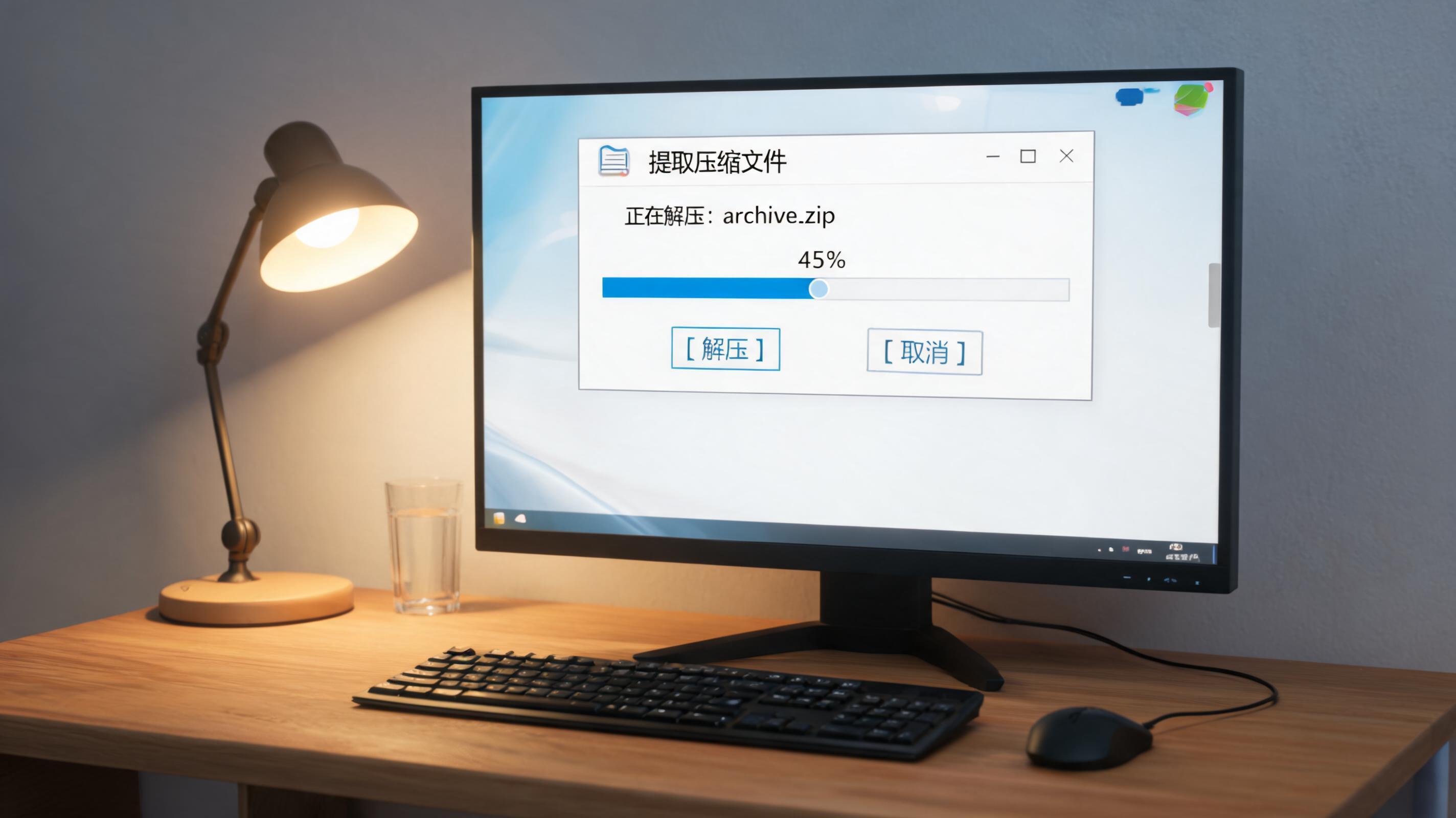 电脑桌上的电脑，屏幕显示解压缩窗口，旁边放着台灯