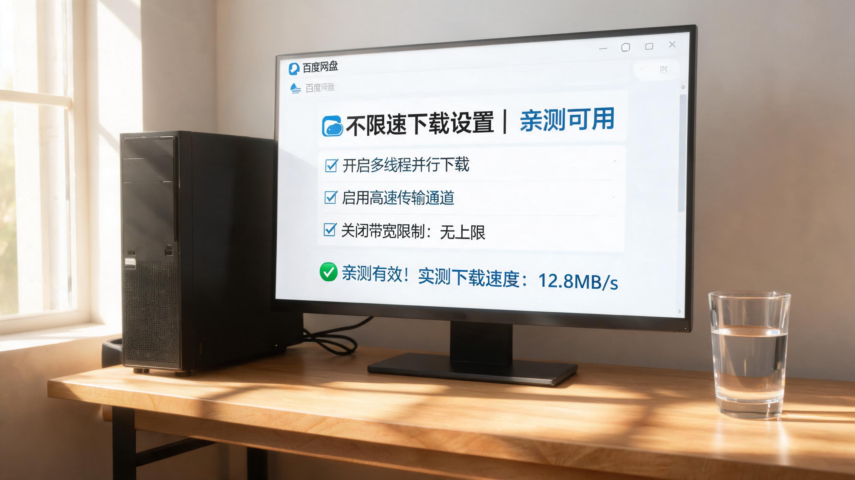 书桌上的主机，屏幕显示百度网盘不限速下载亲测可用设置界面，桌角放着水杯，自然光