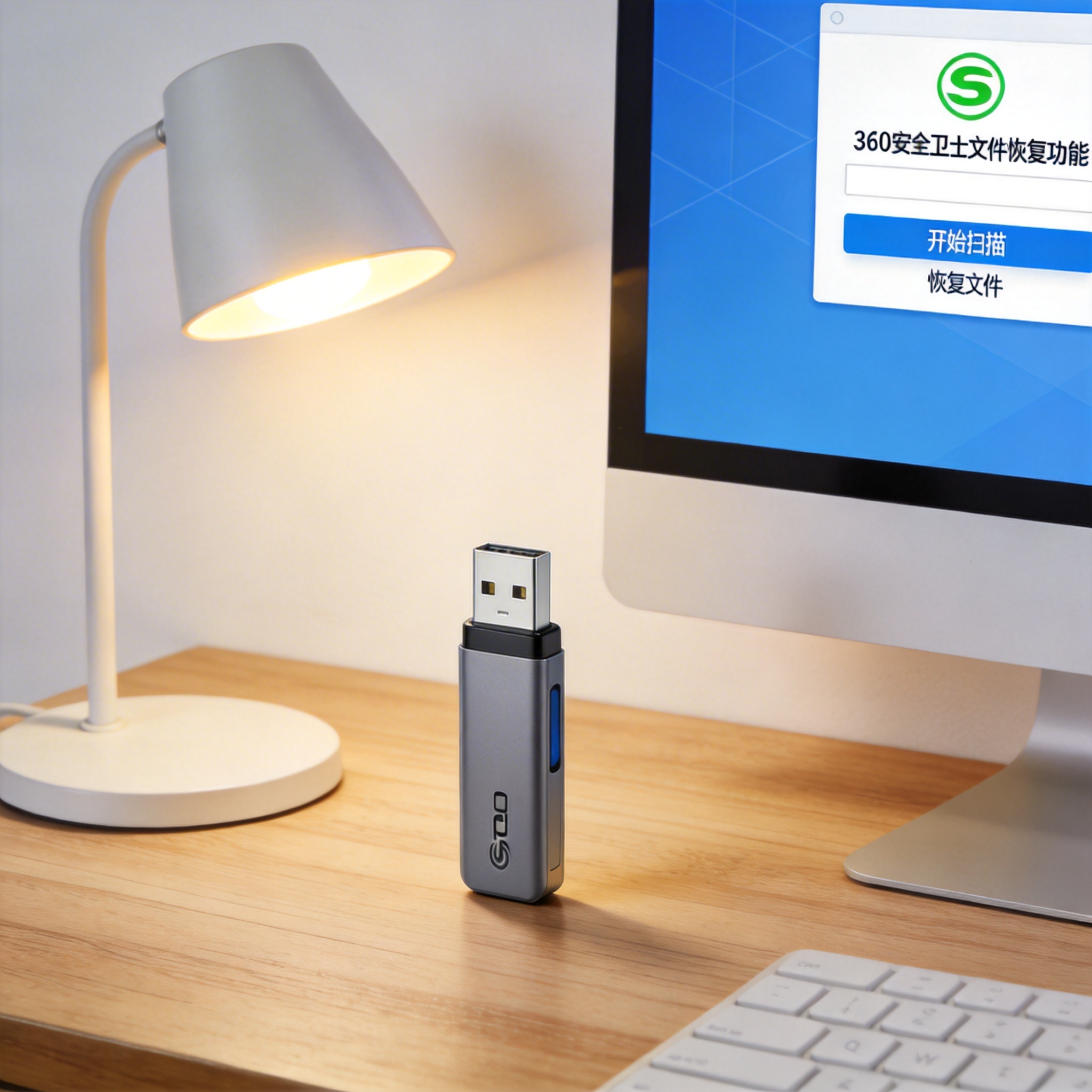 电脑桌上的U盘，屏幕显示360 安全卫士文件恢复功能界面，旁边放着台灯