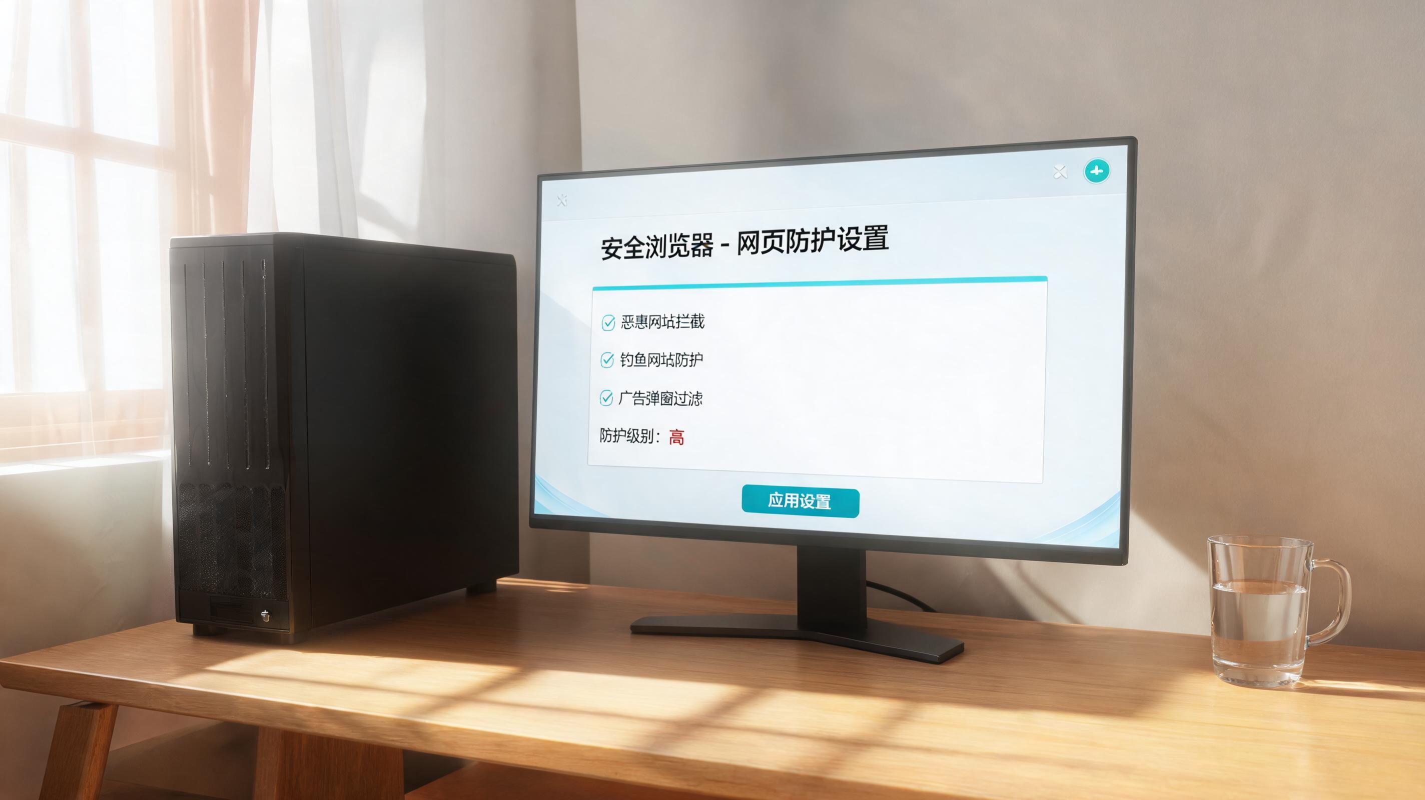 书桌上的主机，屏幕显示安全浏览器网页防护功能设置界面，桌角放着水杯，自然光