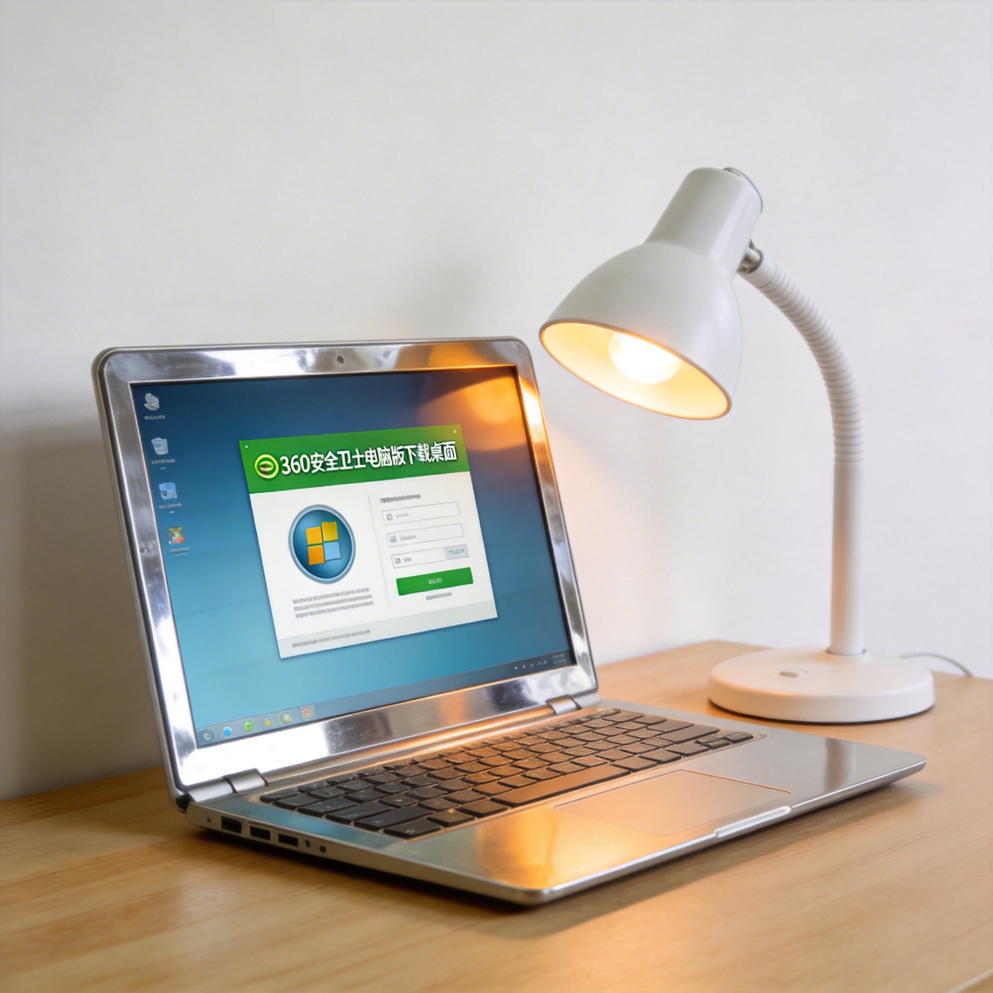 电脑桌上的电脑，屏幕显示360 安全卫士电脑版下载桌面，旁边放着台灯
