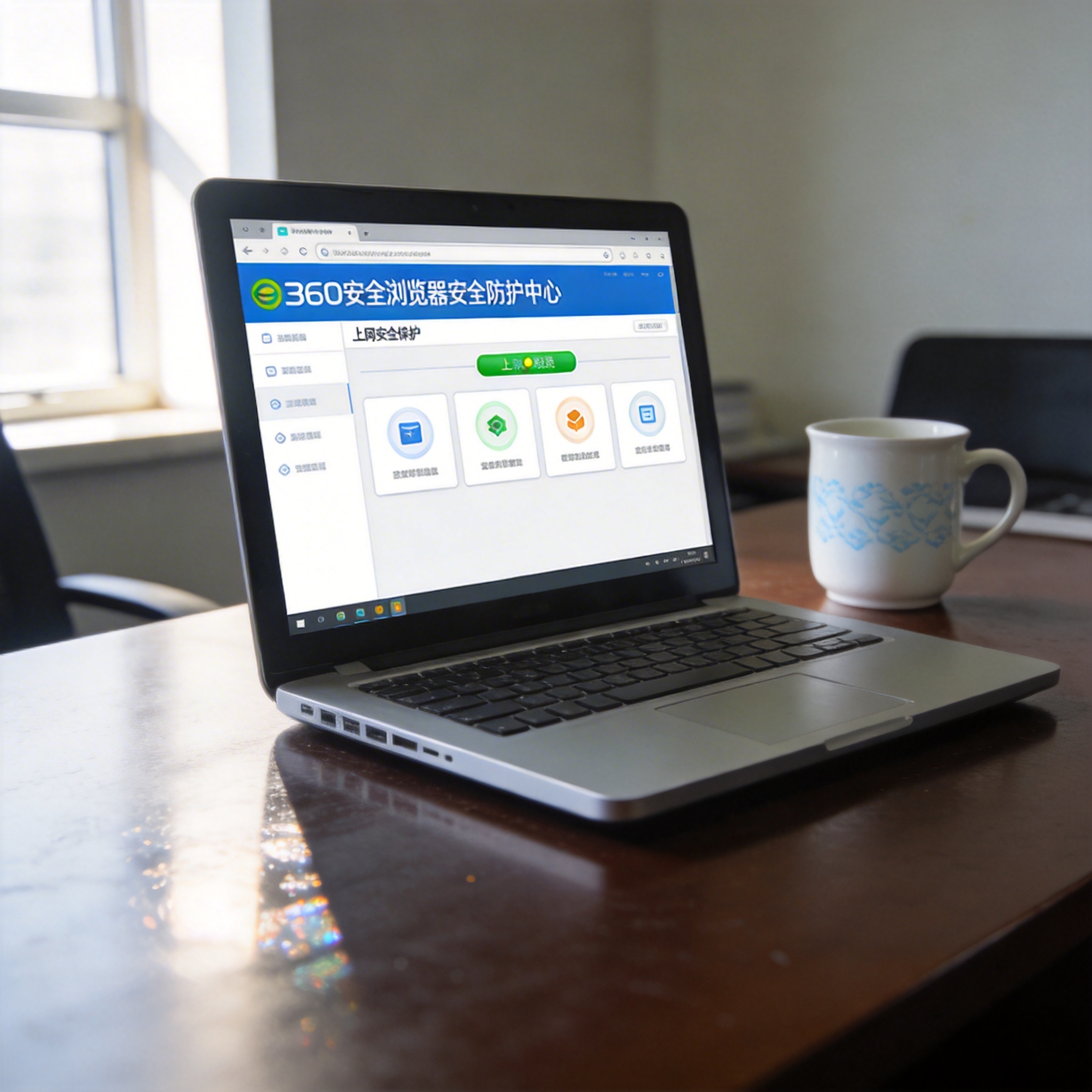 办公桌的电脑屏幕显示360安全浏览器的安全防护中心界面，上网安全防护选项调至最高级别，旁边放着陶瓷水杯，室内自然光