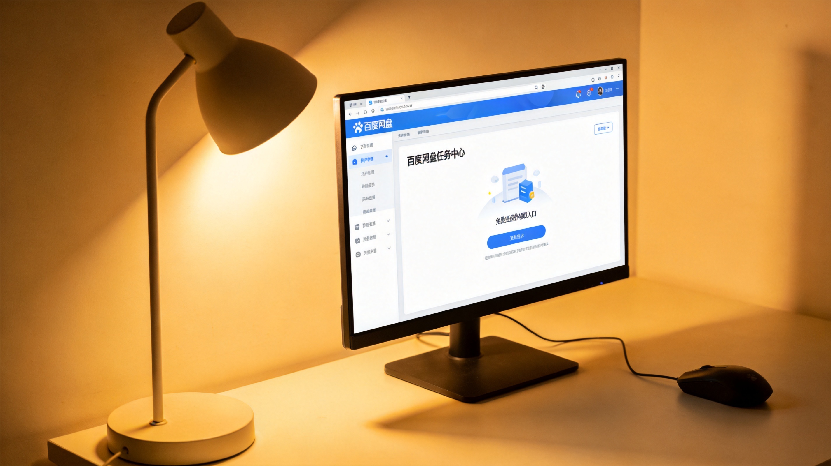 电脑屏幕显示百度网盘任务中心界面，页面上有免费提速券领取入口，桌面角落摆着有线鼠标，台灯暖光