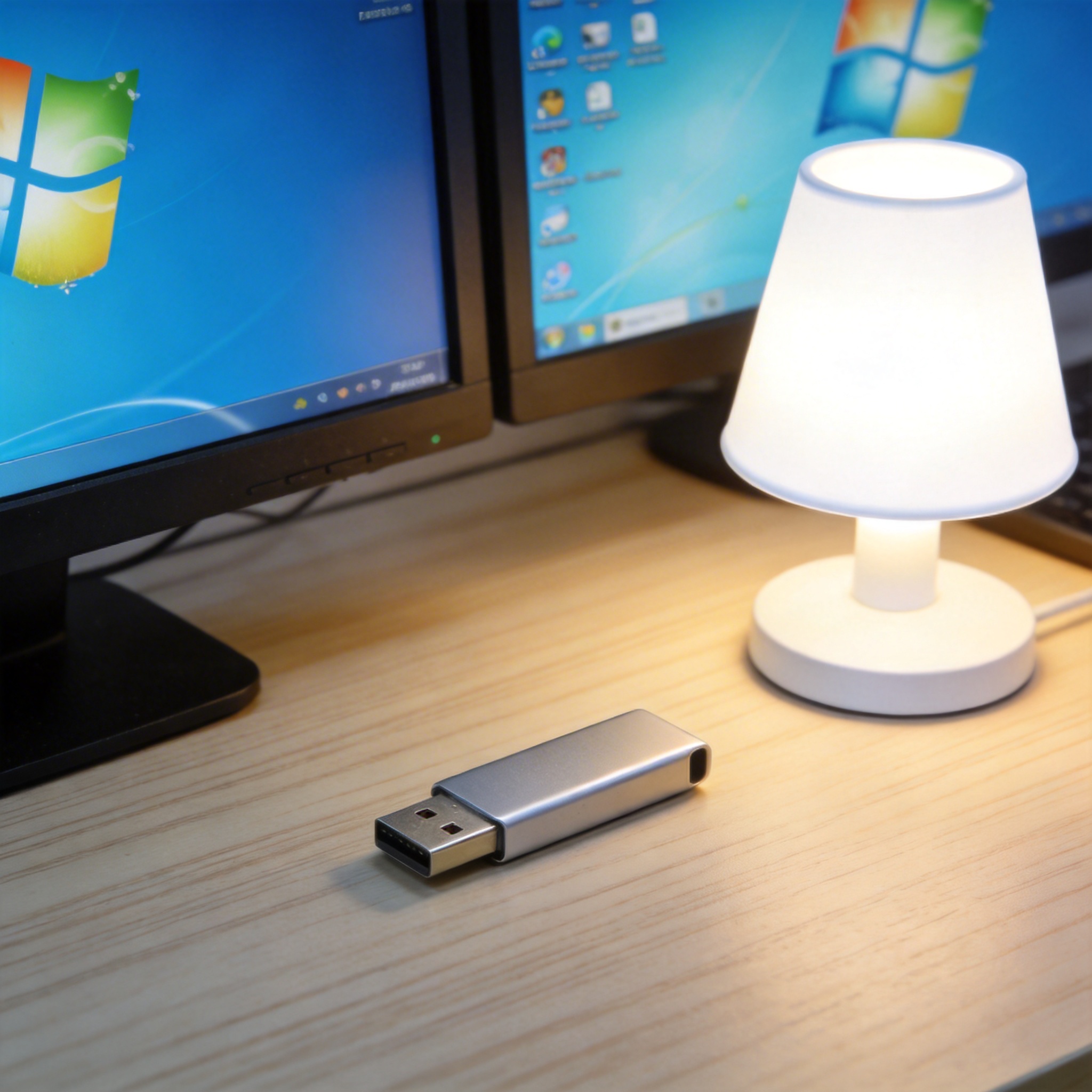 电脑桌上的U盘，屏幕显示Windows界面，旁边放着台灯