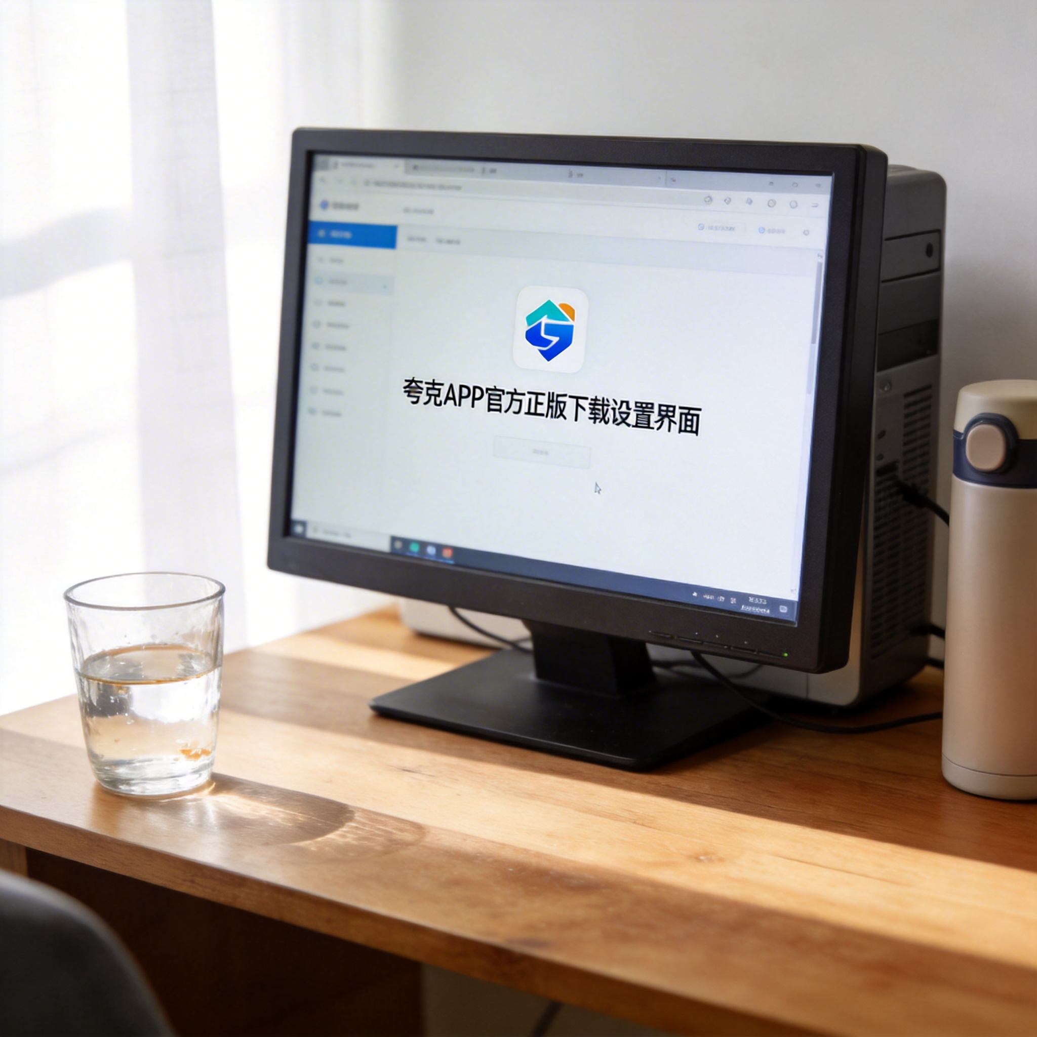 书桌上的主机，屏幕显示夸克 APP 官方正版下载设置界面，桌角放着水杯，自然光