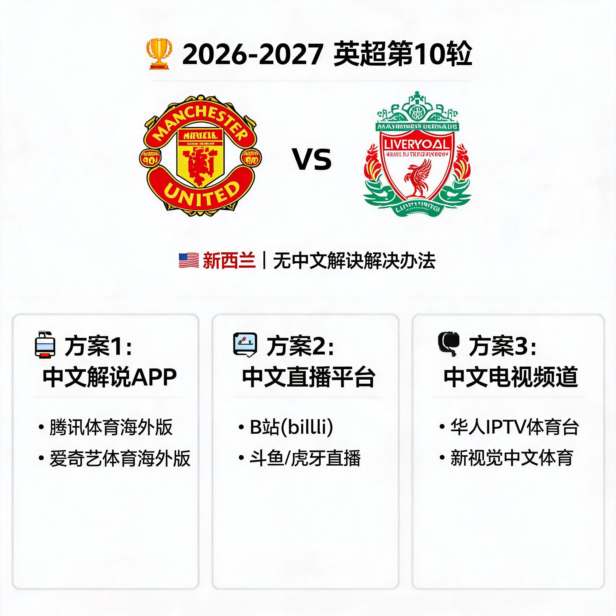新西兰收看2026-2027赛季英超第10轮曼联vs利物浦没有中文解说怎么办?