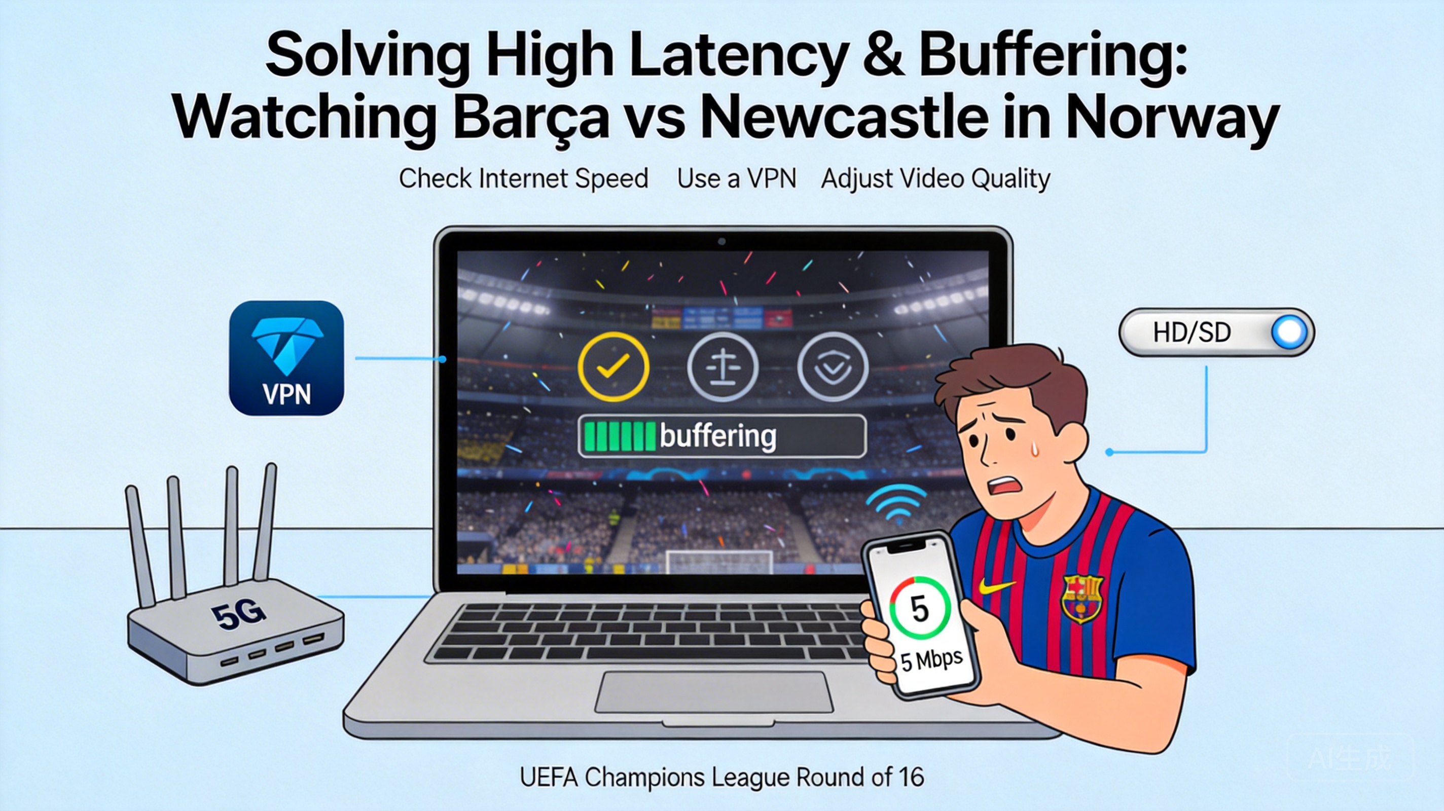 挪威观看欧冠八分之一决赛次回合巴萨对阵纽卡斯尔联延迟太高一直卡顿该怎么解决？