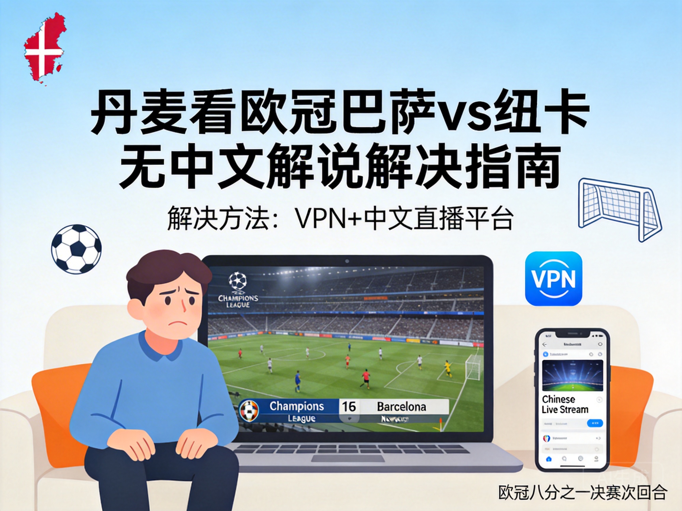 丹麦看欧冠八分之一决赛次回合巴萨对阵纽卡找不到中文解说怎么办？