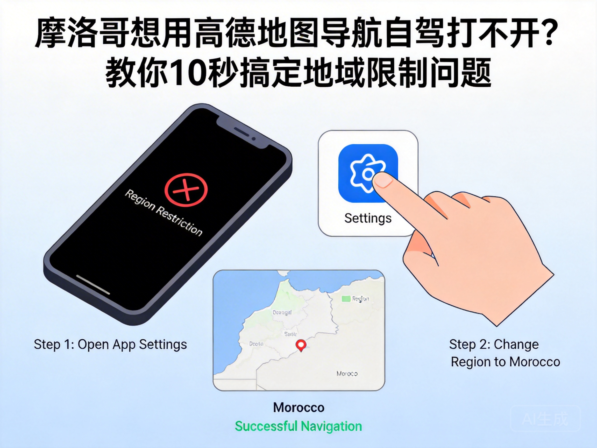 摩洛哥想用高德地图导航自驾打不开?教你10秒搞定地域限制问题