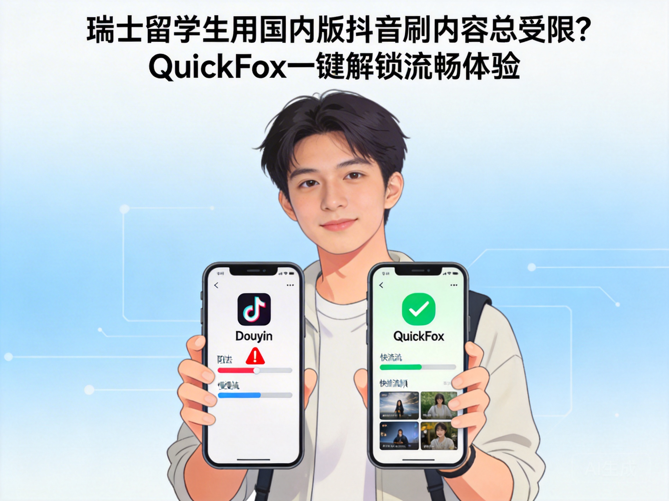 瑞士留学生用国内版抖音刷内容总受限？QuickFox一键解锁流畅体验