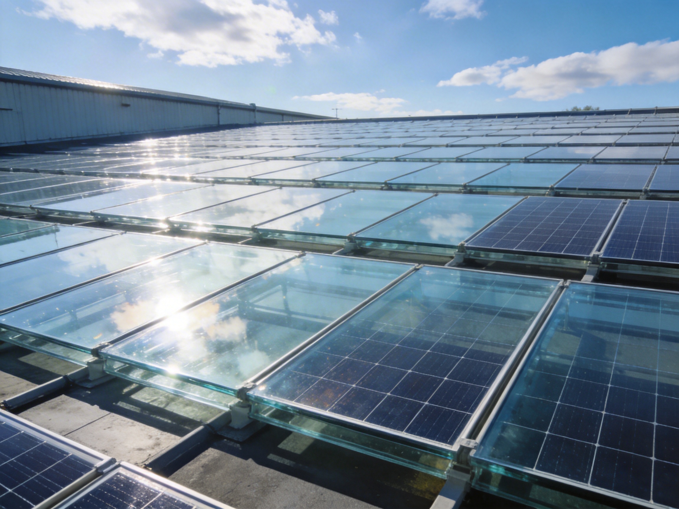 Glass-glass panel construction diagram showing dual glass layers and cell encapsulation