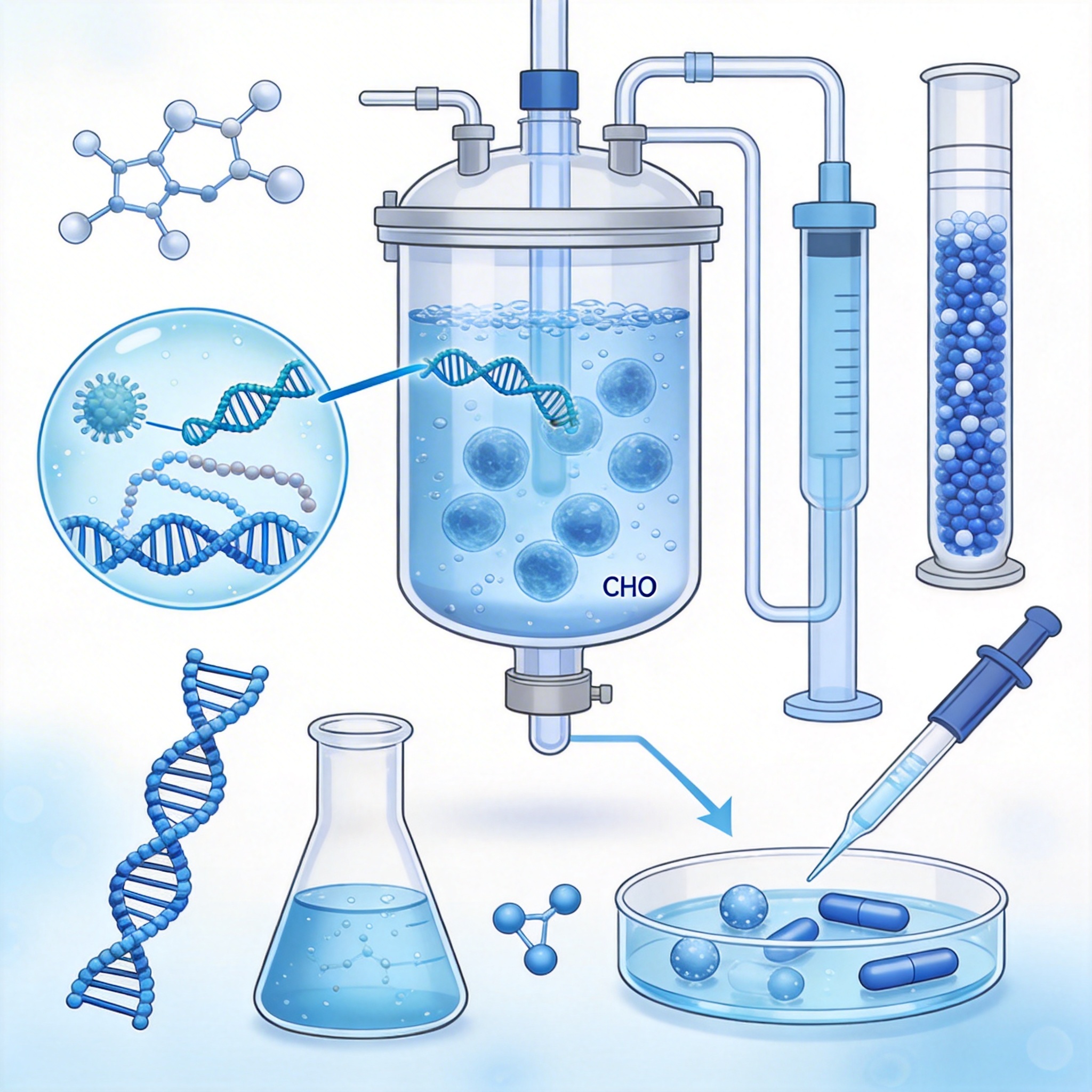Recombinant Protein Expression Process - CHO cell bioreactor, DNA transfection, protein synthesis and purification