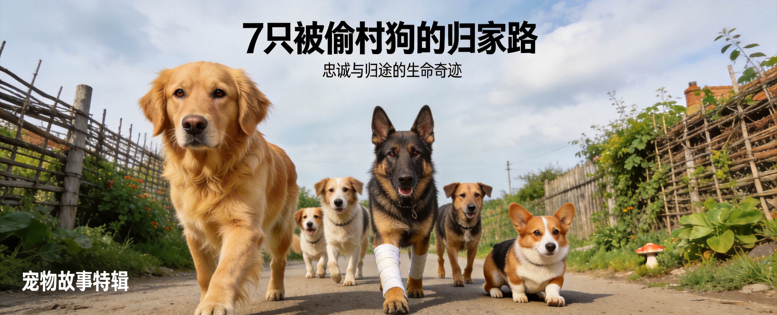 7只被偷村狗归家：德牧带伤护队，金毛领队柯基殿后