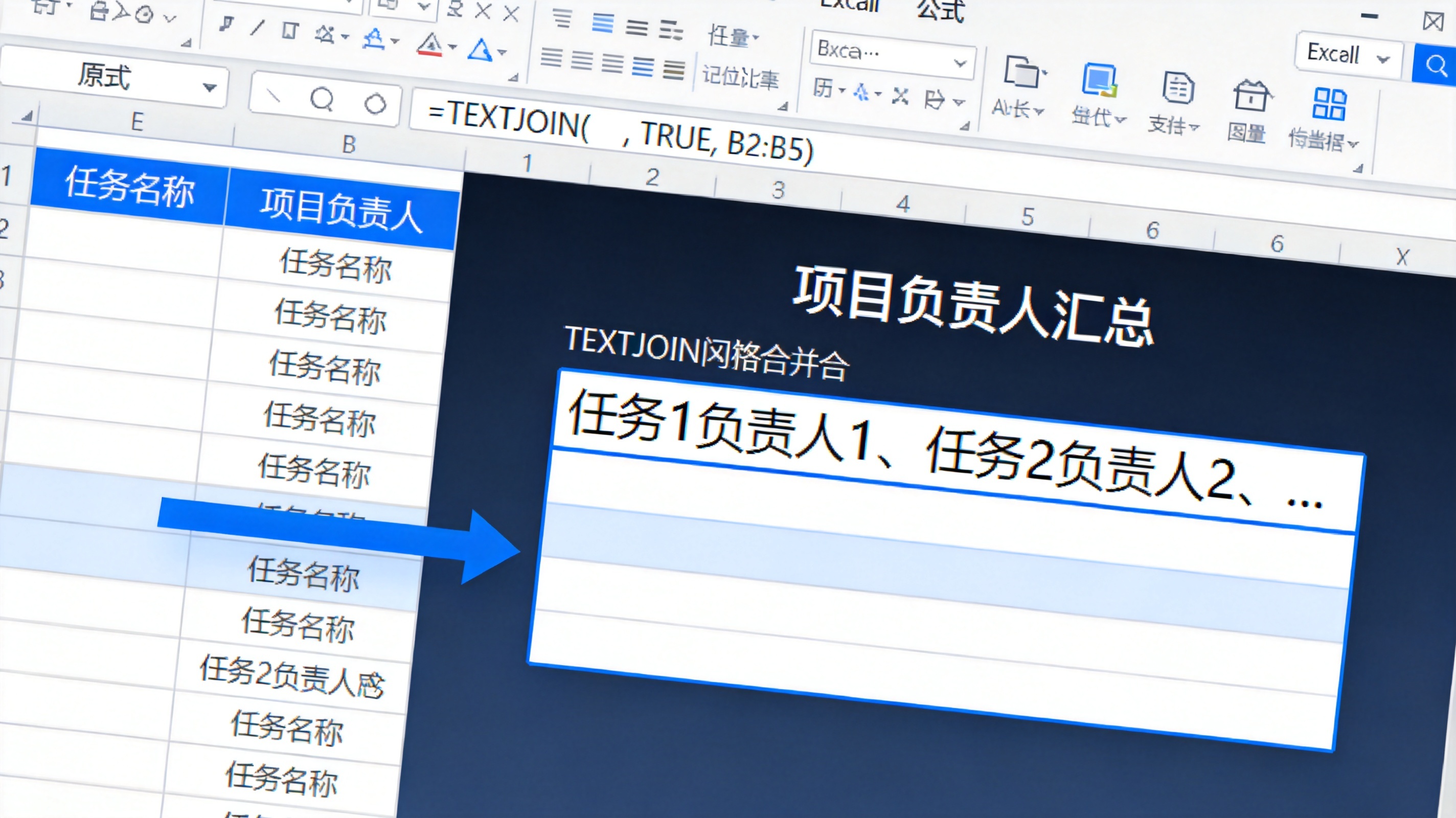 Excel中TEXTJOIN函数合并多单元格内容的效果截图左侧是原始任务表右侧是合并后的项目负责人汇总表