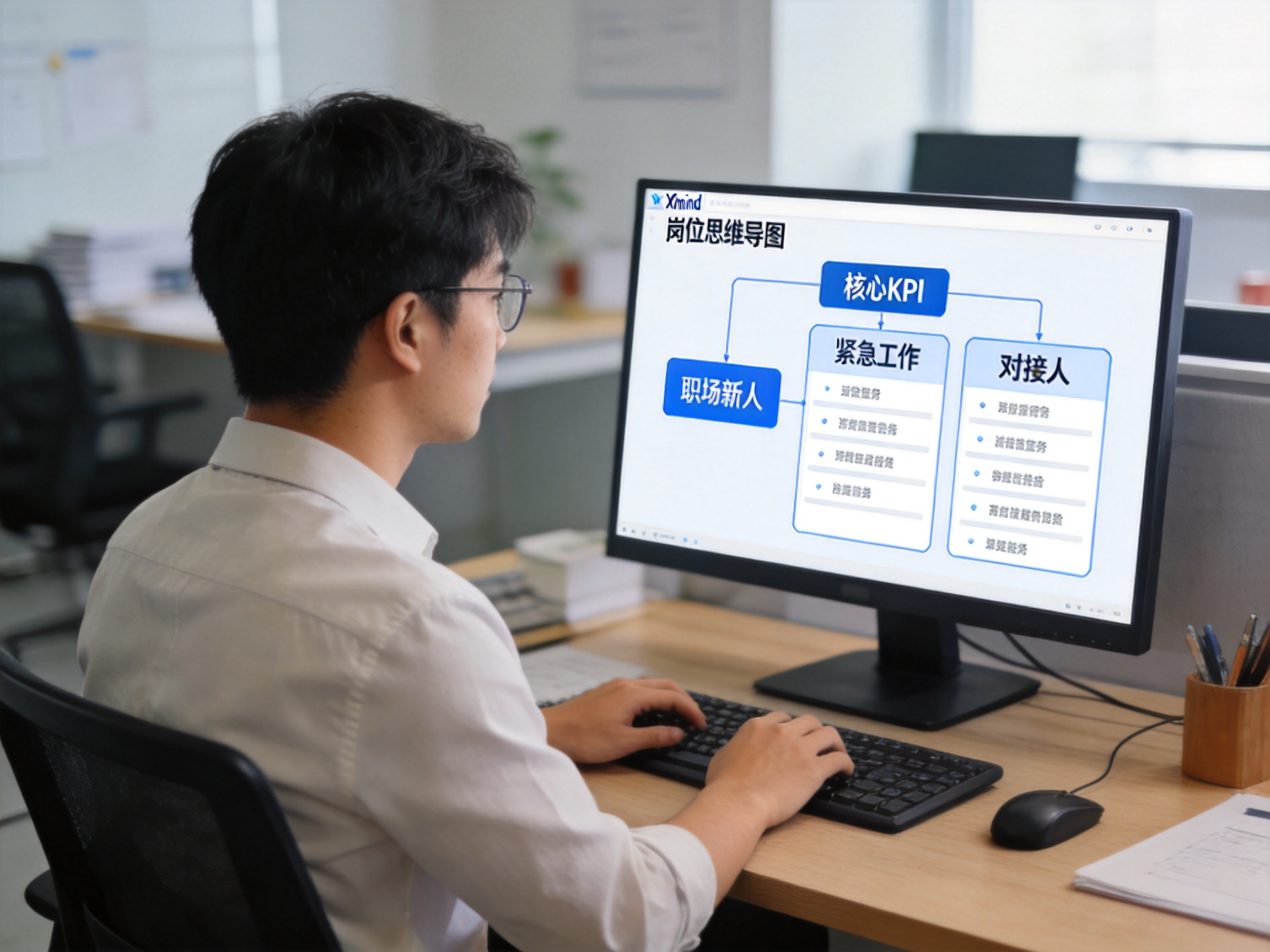 职场新人用Xmind制作的岗位思维导图包含核心KPI紧急工作对接人三个模块