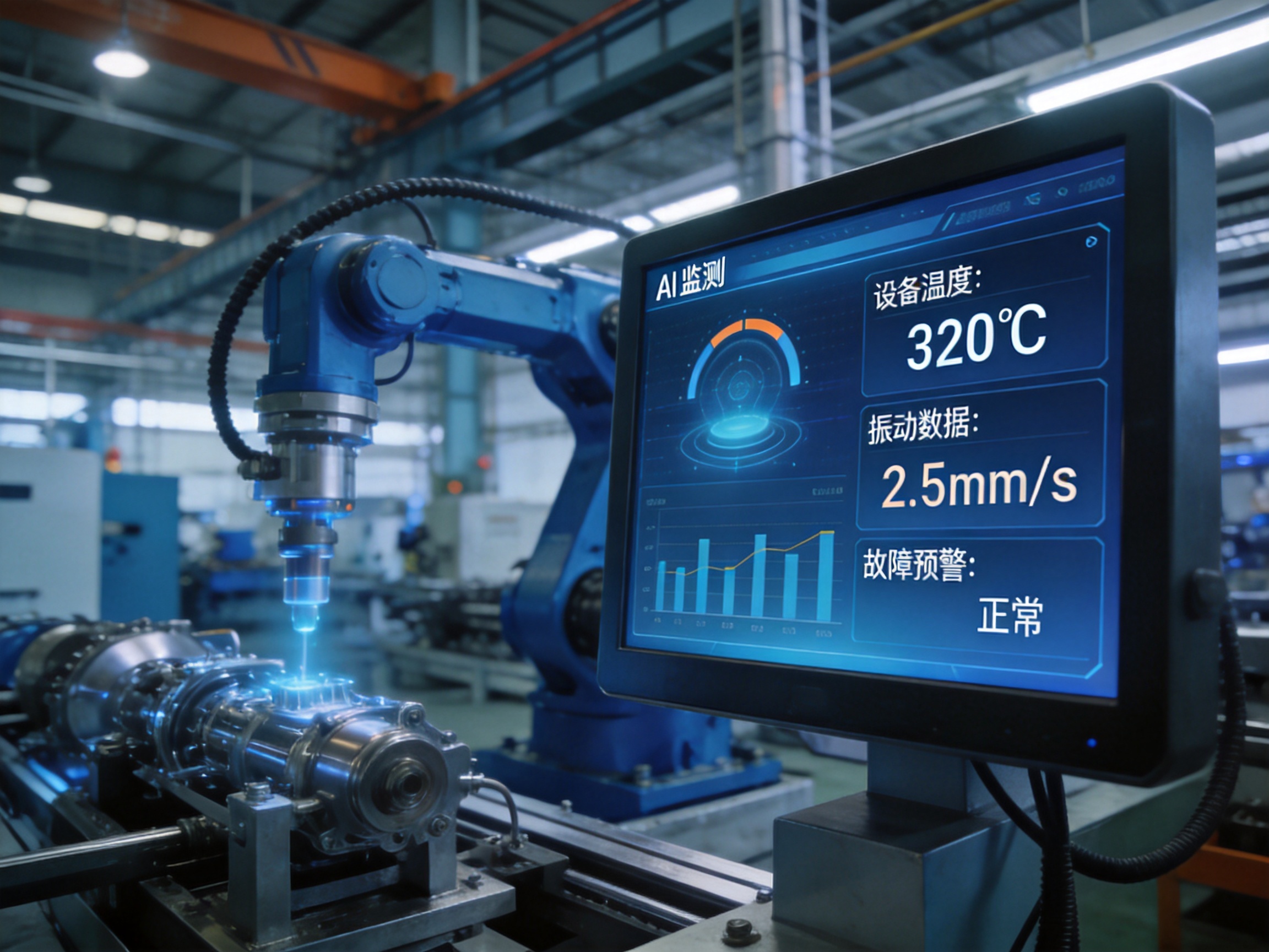 某汽车零部件企业生产车间内AI监测系统实时显示设备温度振动数据及故障预警界面截图