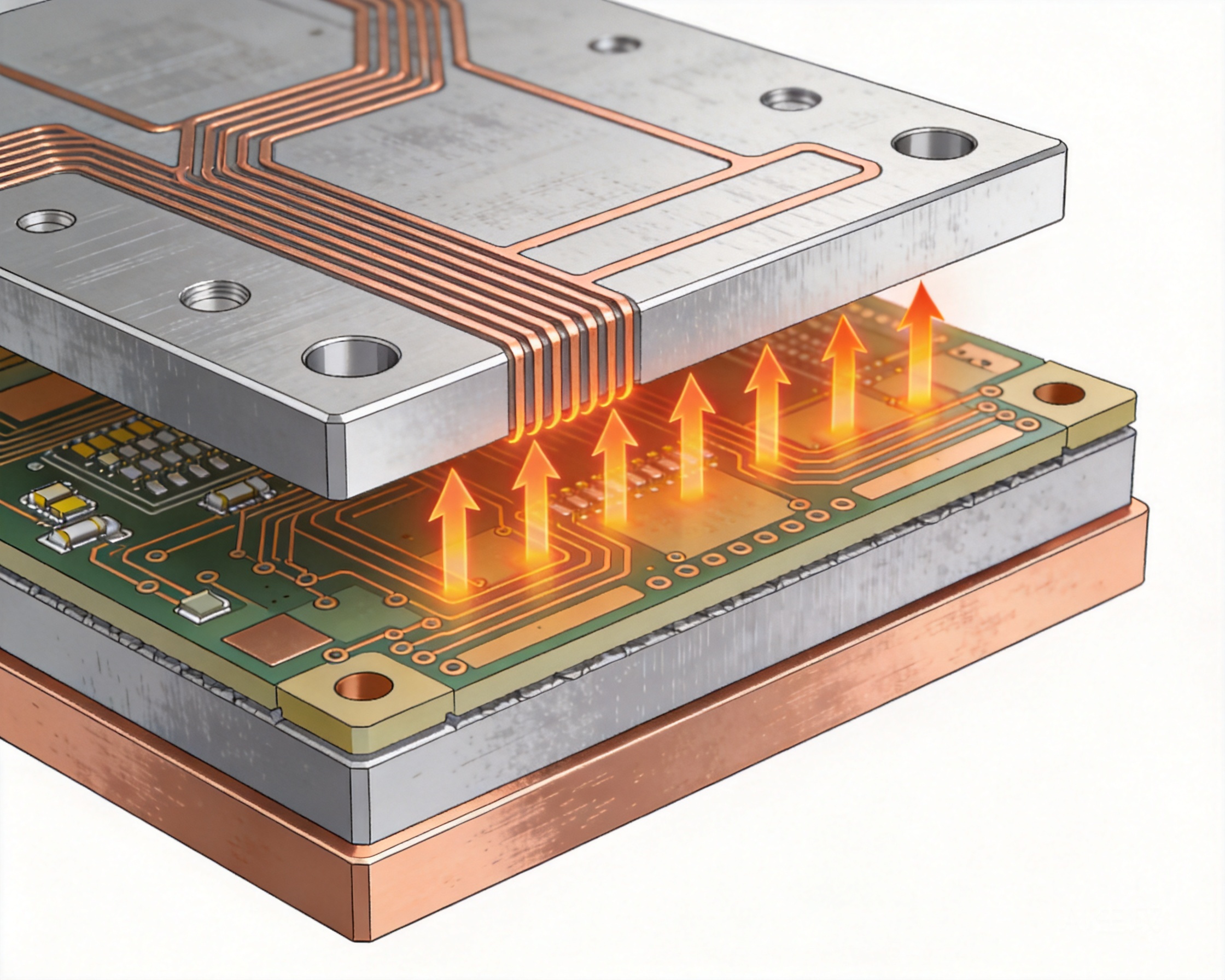 Metal core PCB cross-section showing aluminum and copper base layers with thermal conductivity visualization