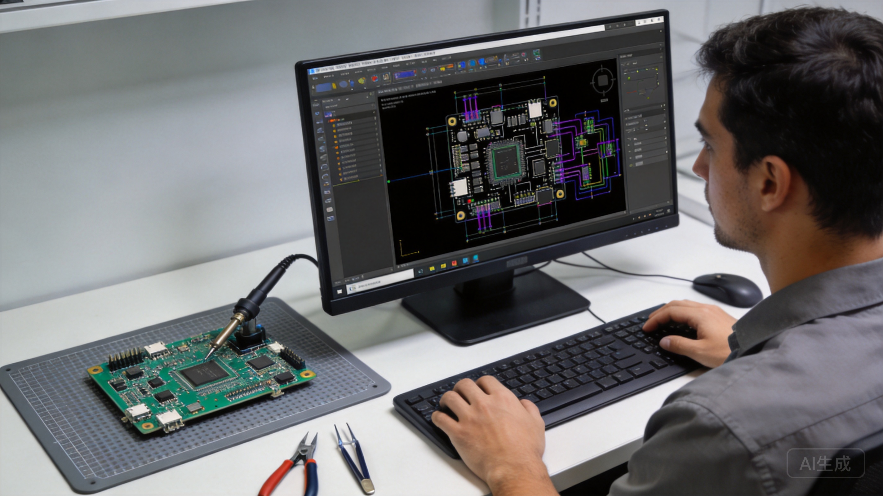 PCB design engineering workstation with CAD software and prototype assembly