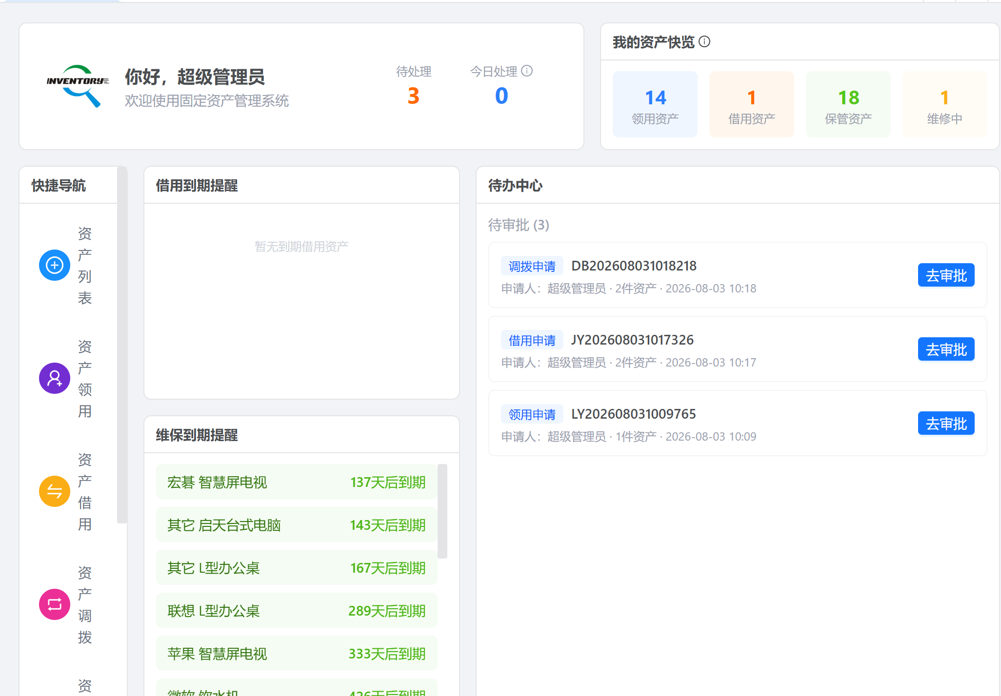 传翔固定资产管理工作台页面功能讲解