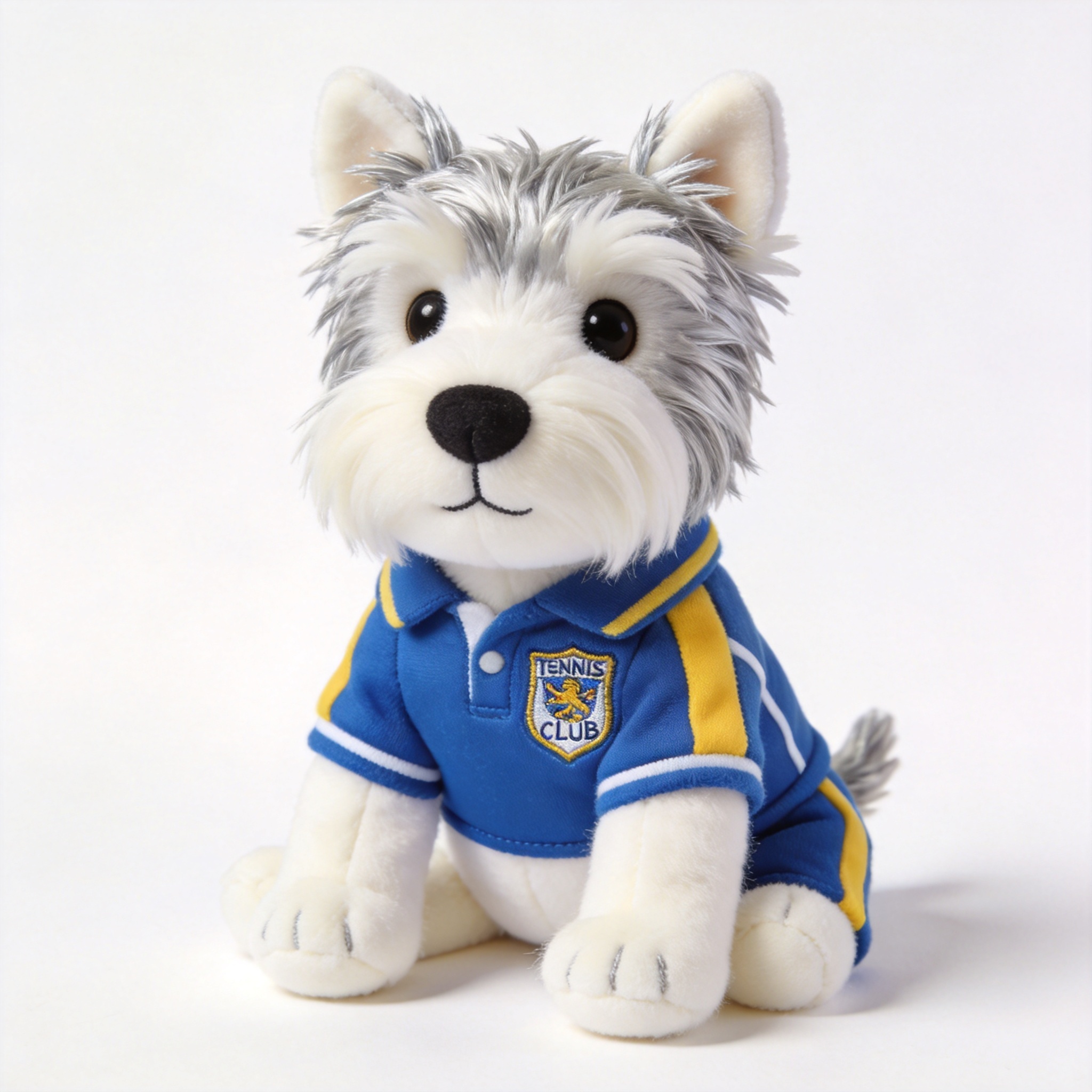 Customised Scottish Terrier plush toy wearing a blue and yellow club uniform with logo